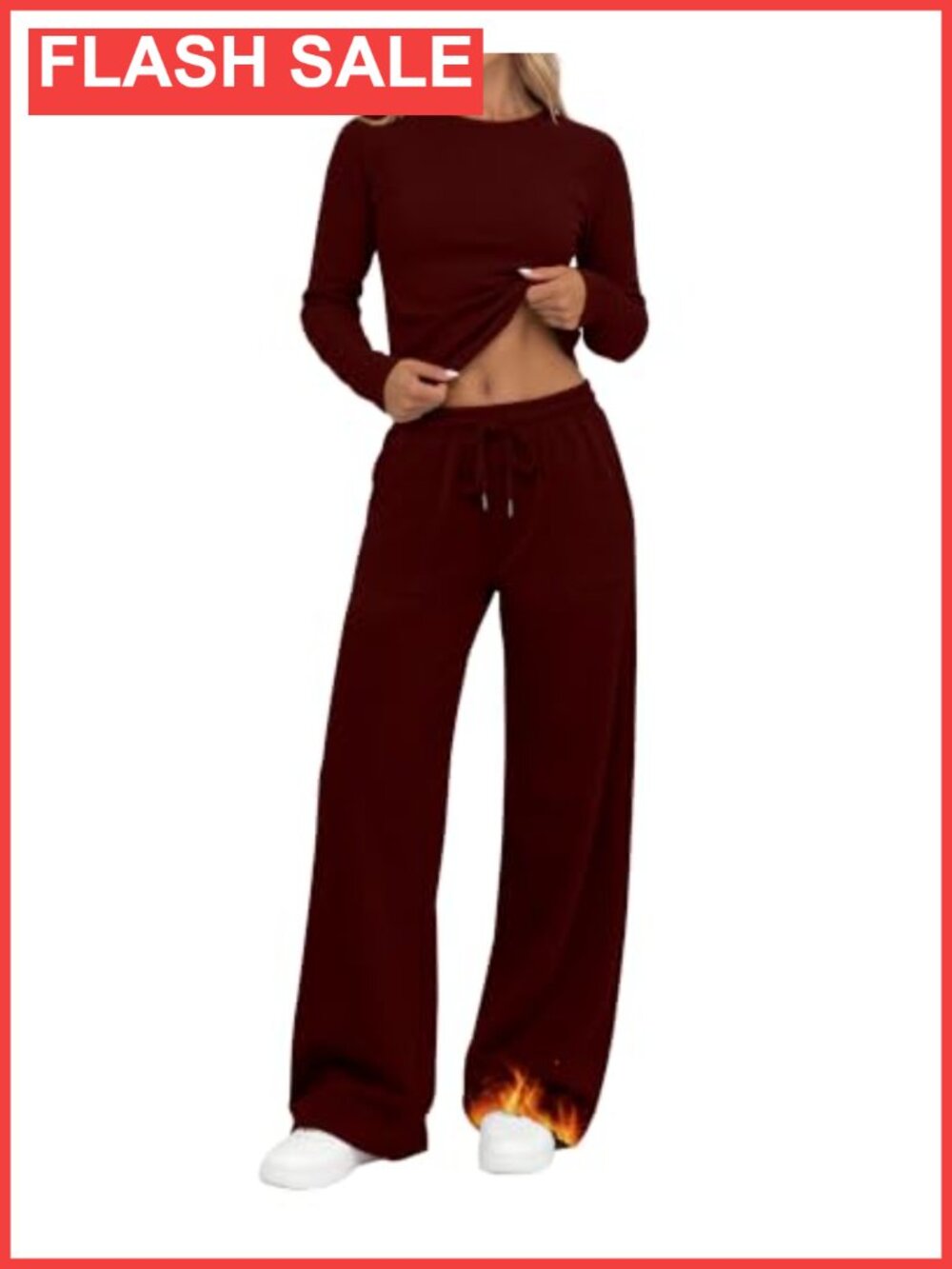 Women's 2 Piece Fleece Thermal Lounge Set Long Sleeve Wide Leg Pants Drawstring